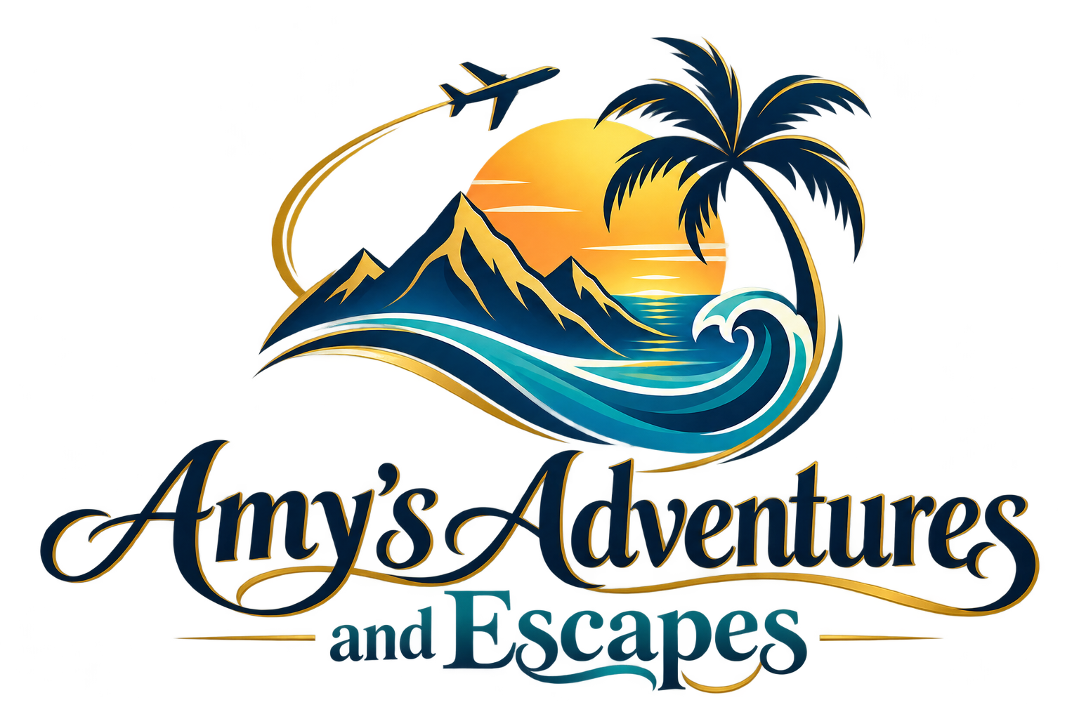 Amy’s Adventures and Escapes logo with mountains, an ocean wave, palm tree, sunset, and airplane