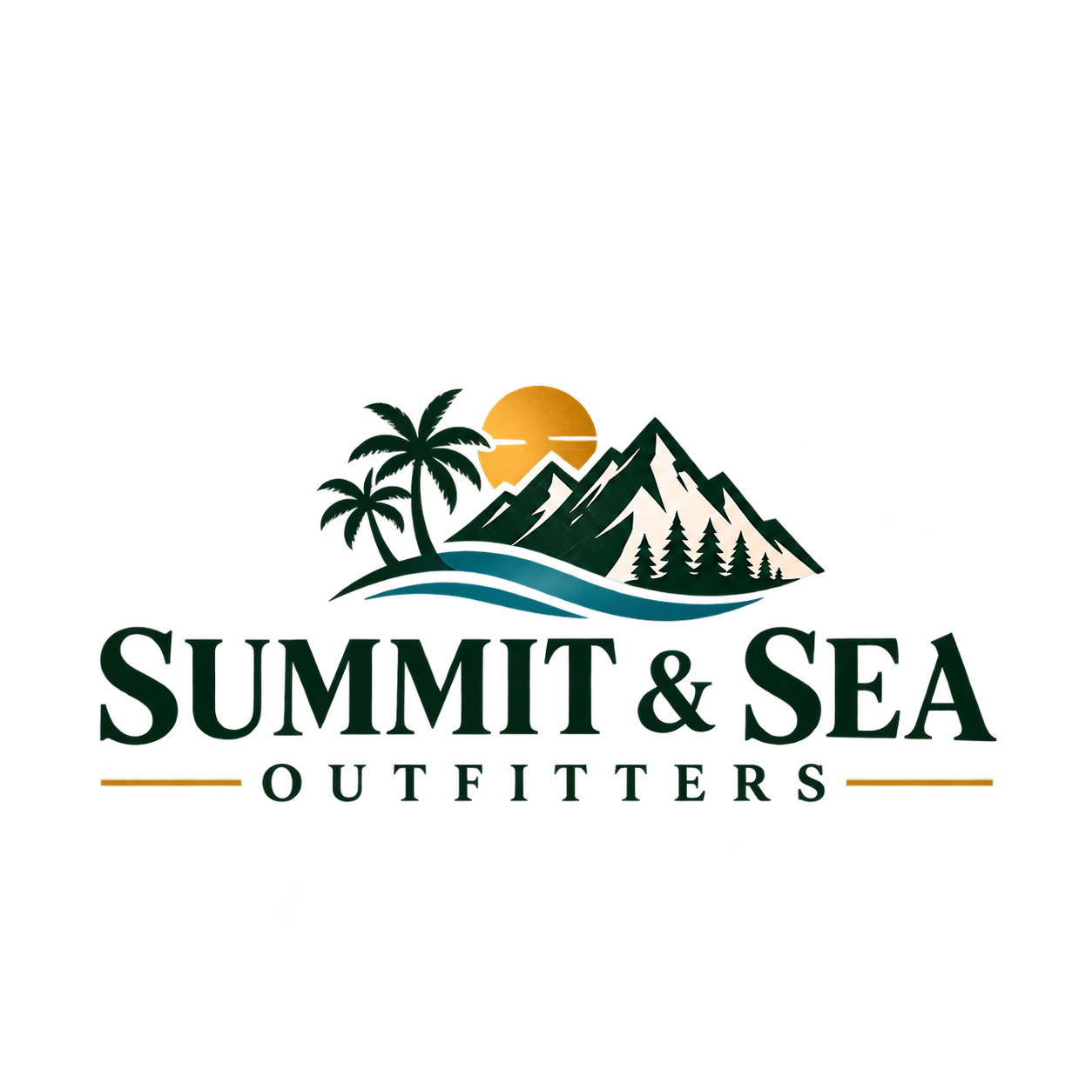 Summit & Sea Outfitters mountain, palm tree, wave and sunset emblem